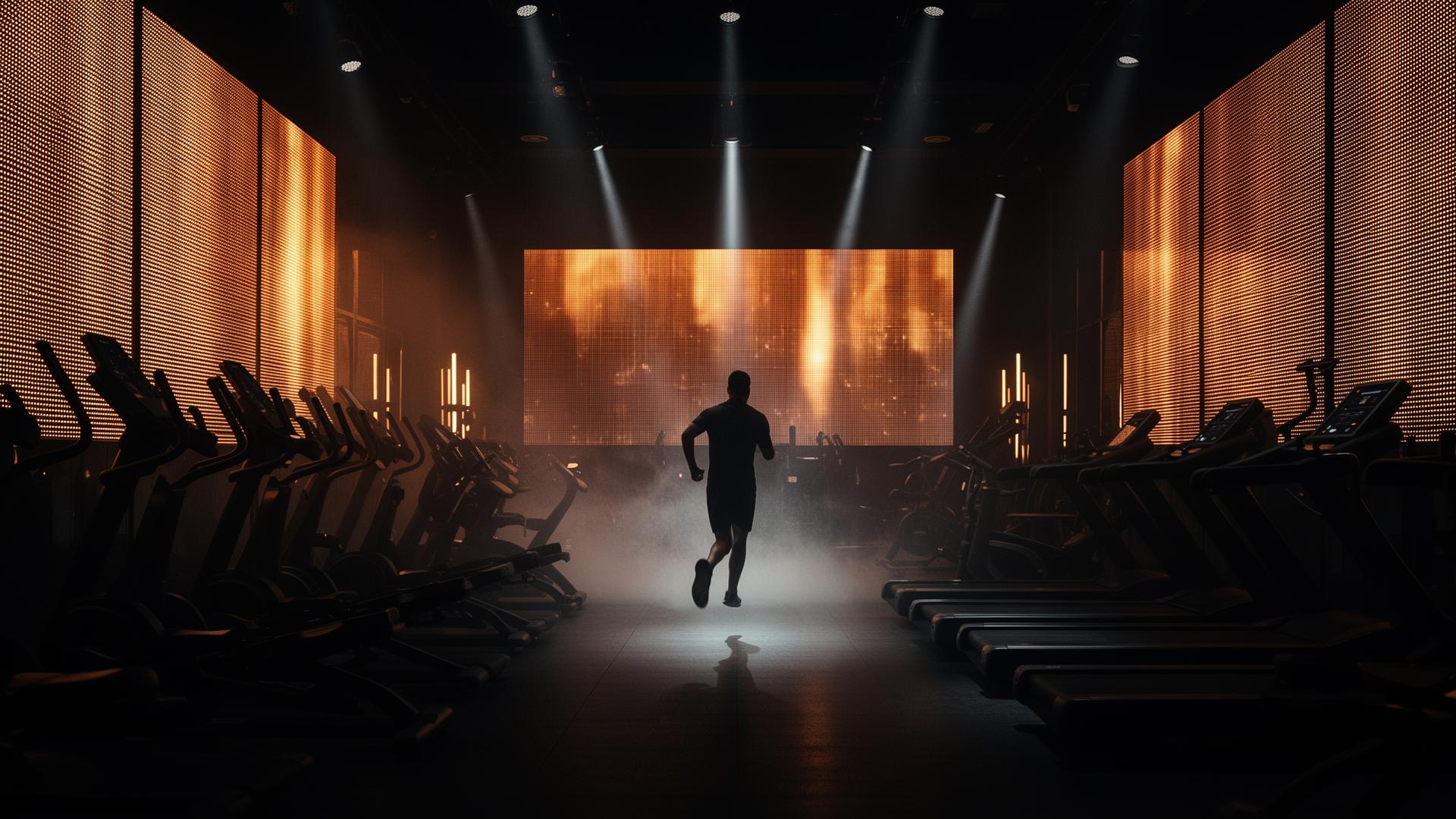 The TEMPLE training floor at night, lit by floor-to-ceiling LED screens